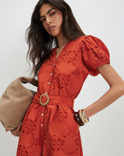 Orange Poplin Broderie Cutwork Playsuit