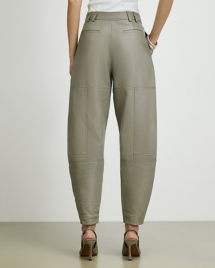 Grey RI Studio Leather Barrel Leg Trousers