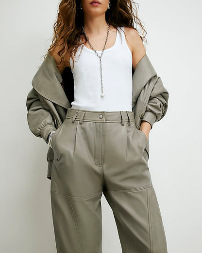 Grey RI Studio Leather Barrel Leg Trousers
