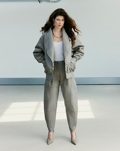 Grey RI Studio Leather Barrel Leg Trousers