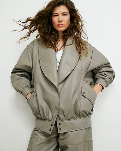 Grey RI Studio Leather Bomber Jacket