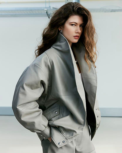 Grey RI Studio Leather Bomber Jacket