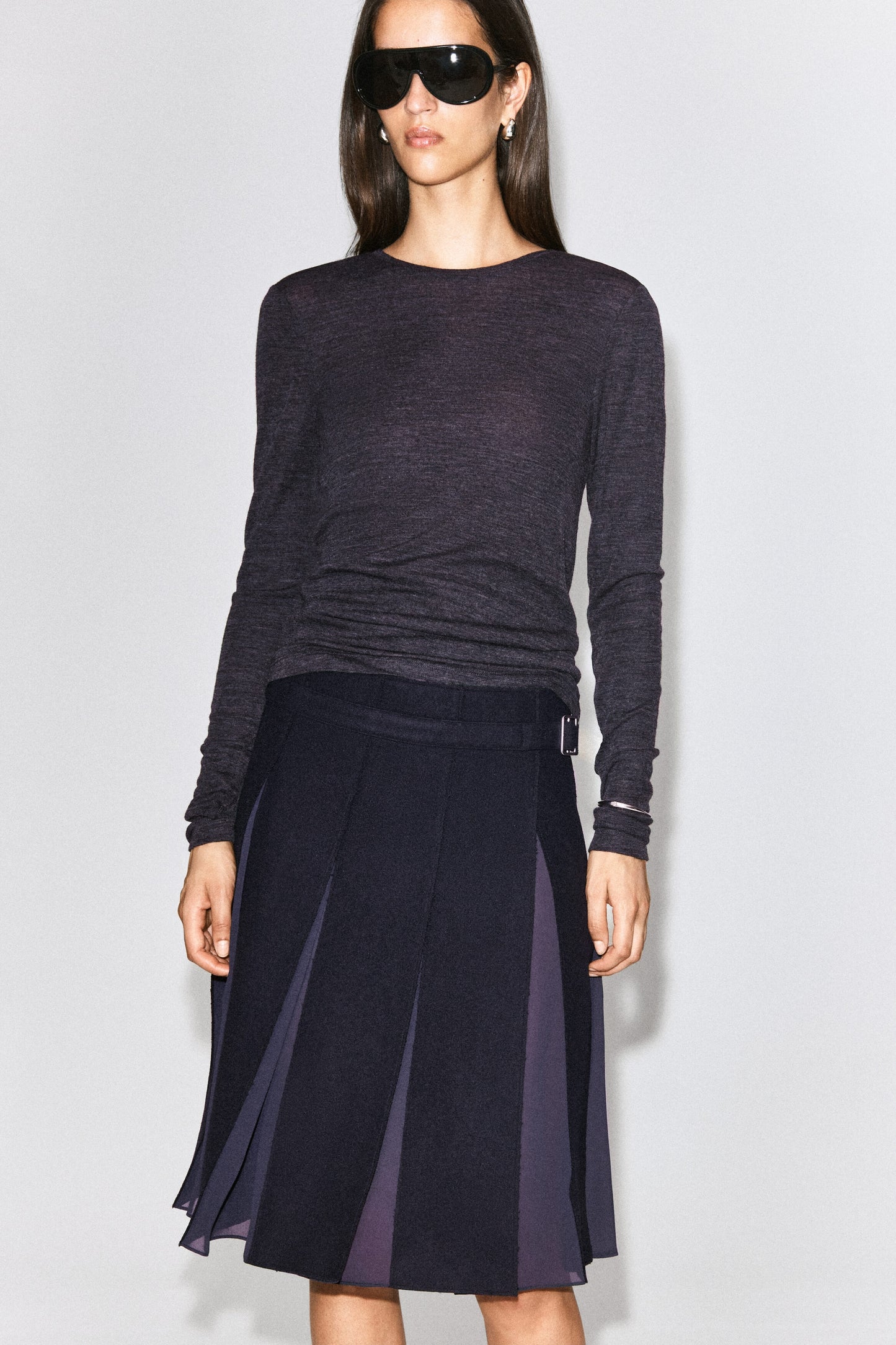 Belted Pleated Wool-Blend Skirt