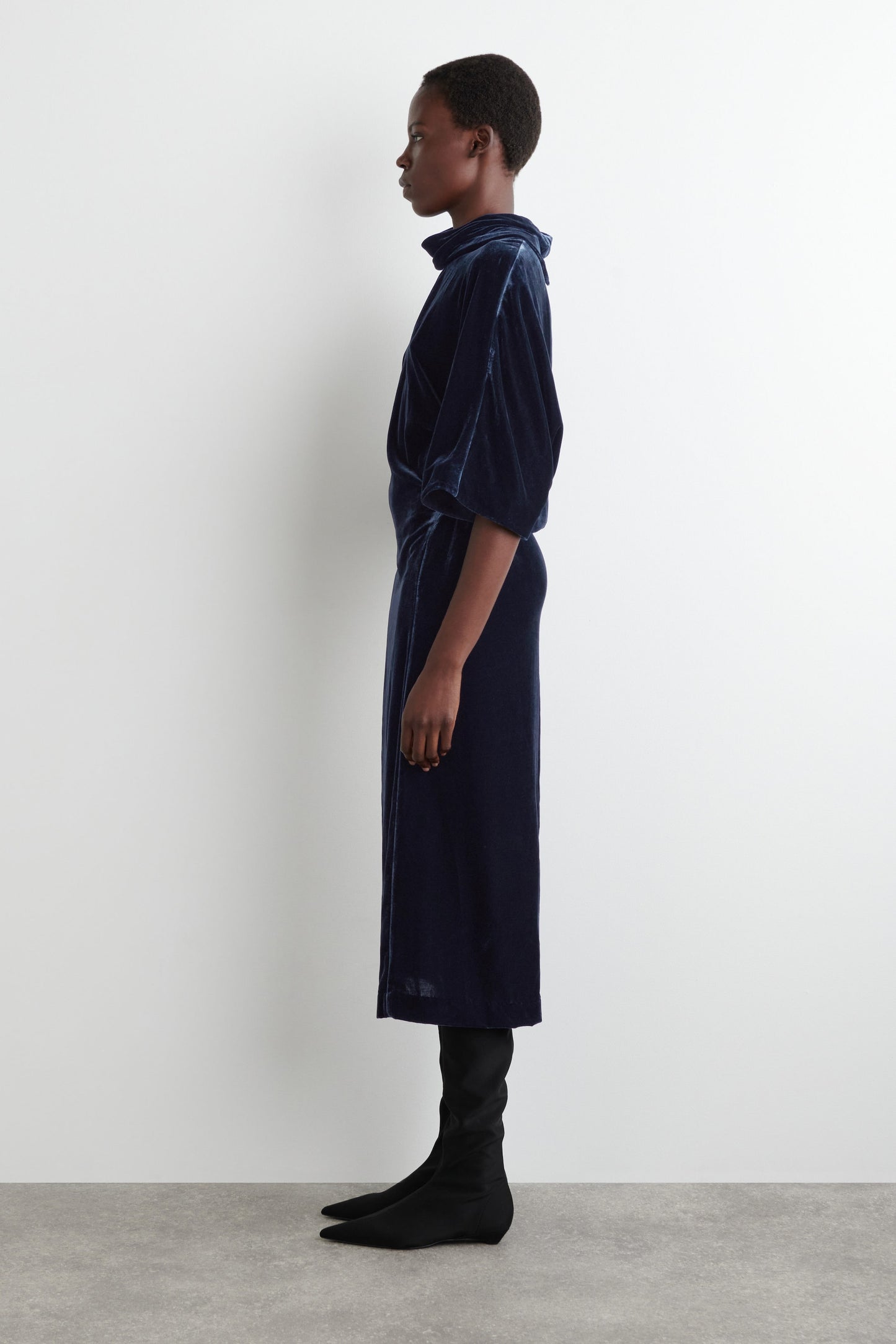 Draped-Neck Velvet Midi Dress