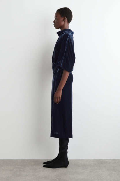 Draped-Neck Velvet Midi Dress