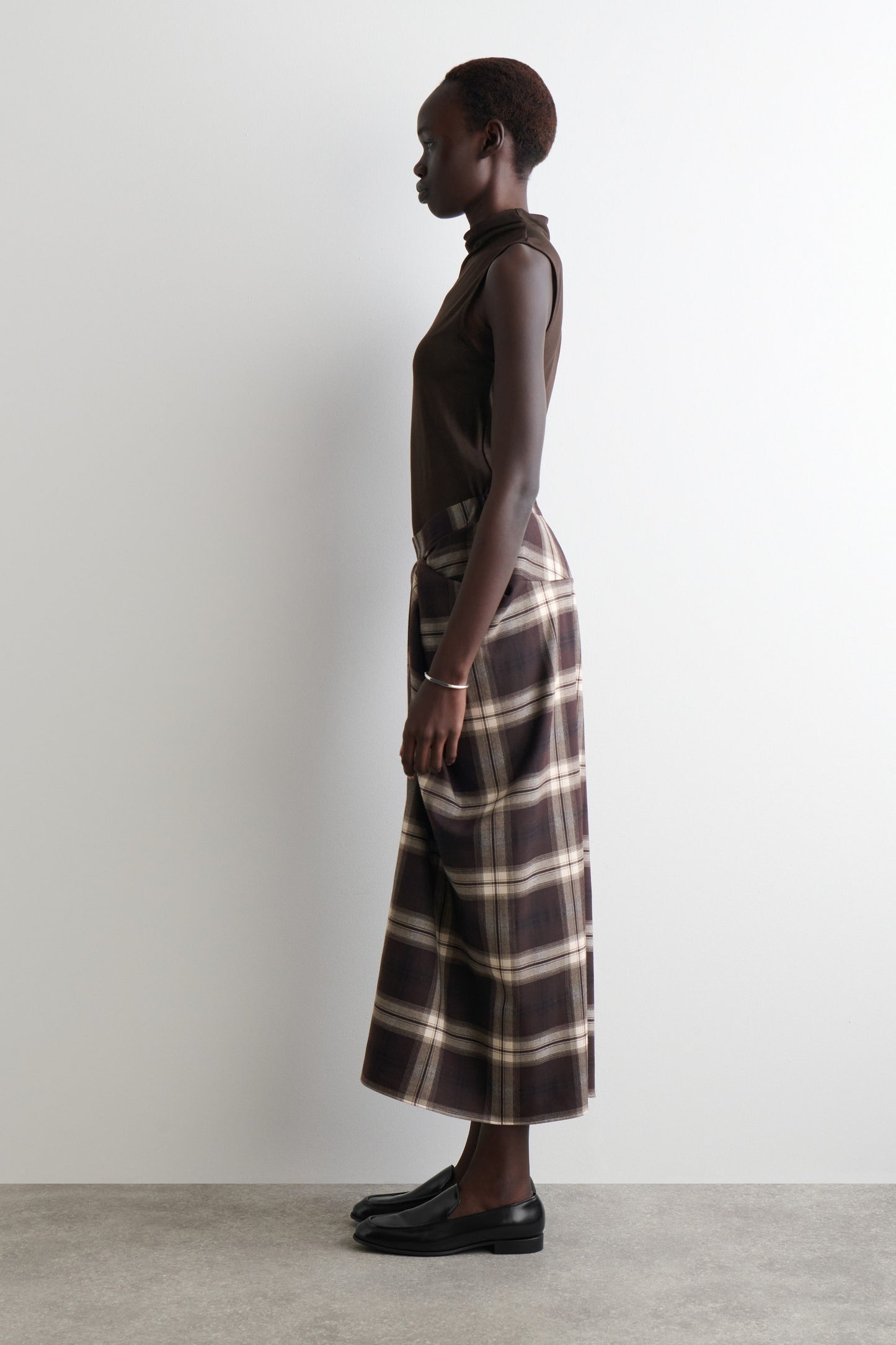 Draped Checked Midi Skirt