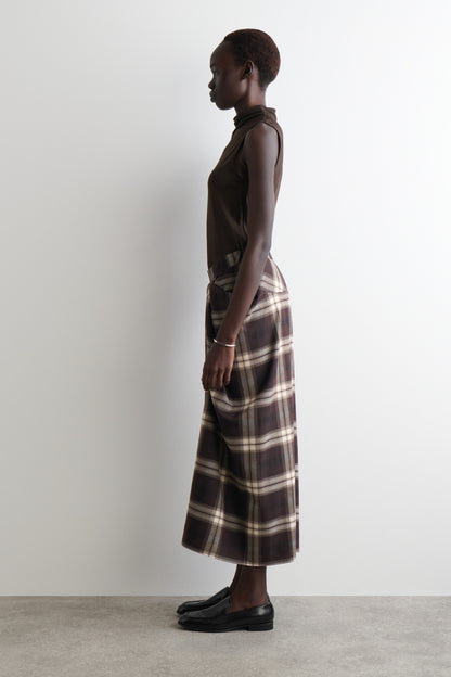 Draped Checked Midi Skirt