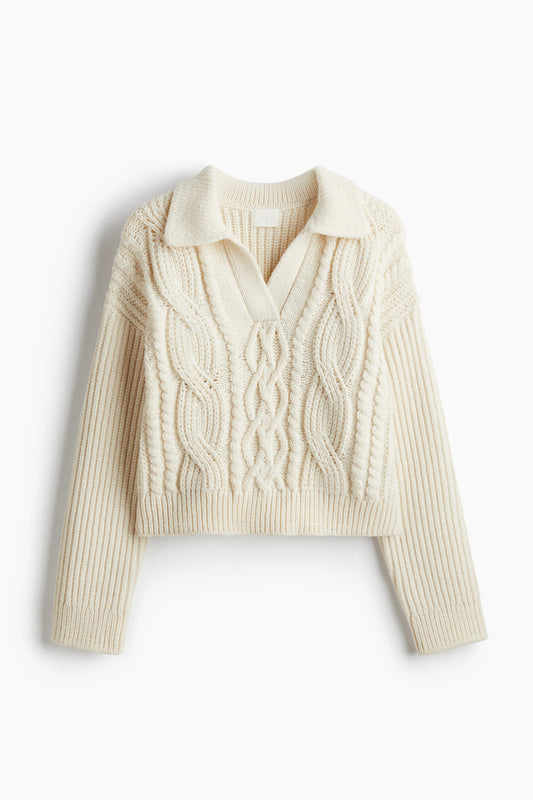 Cable-knit collared jumper