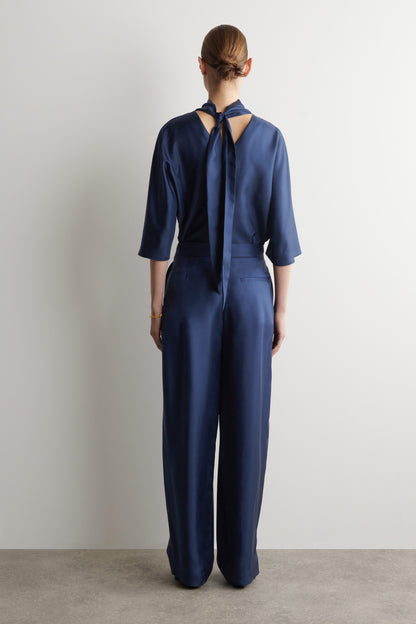 Draped Pleated Silk Straight-Leg Trousers
