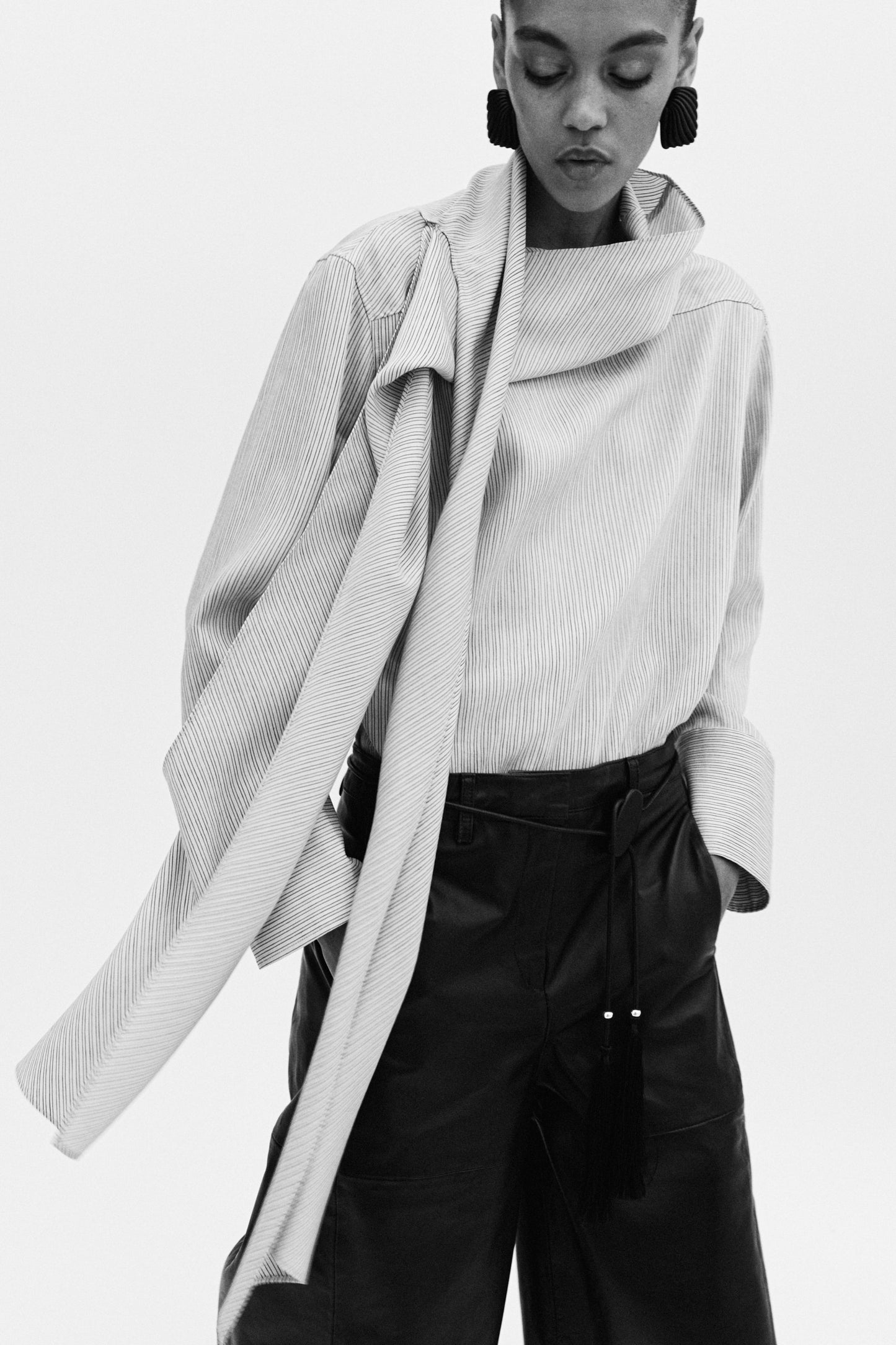 Linen-blend scarf-collar blouse