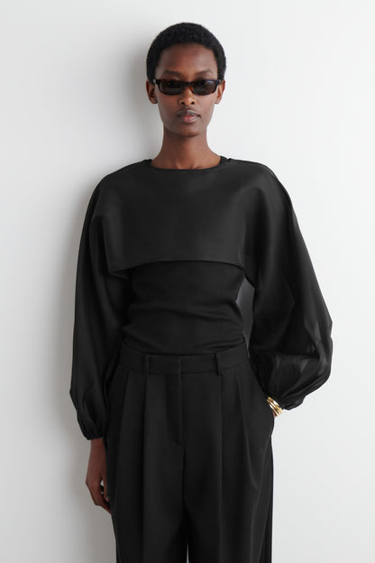 Balloon-sleeve sheer silk hybrid