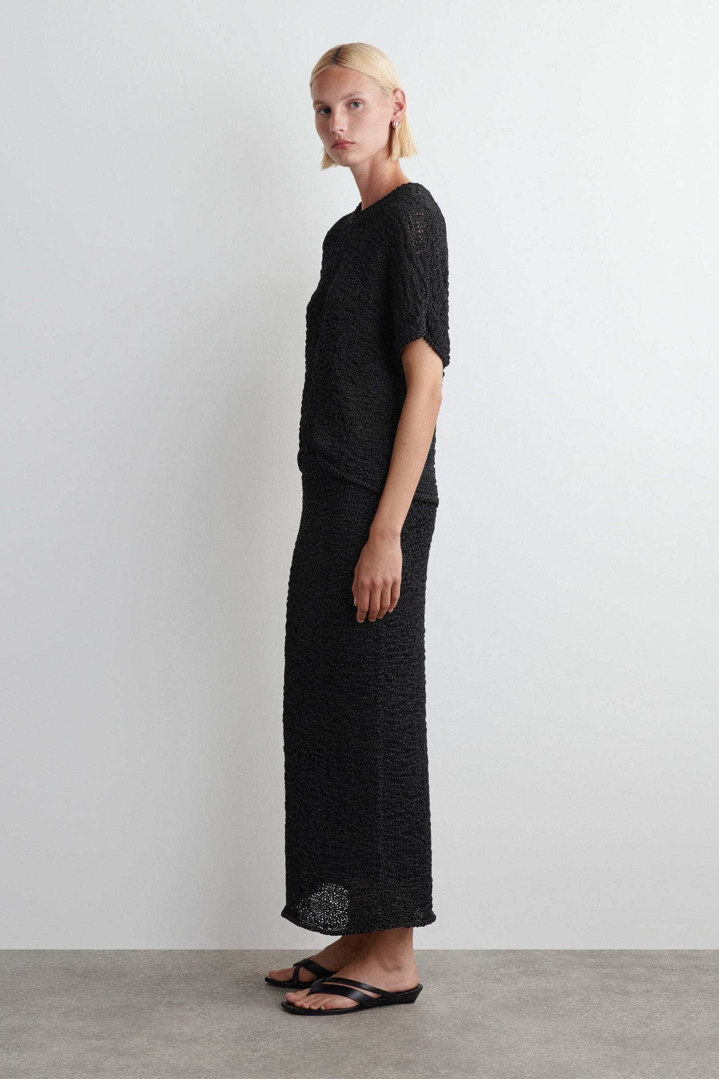 Textured Open-Knit Midi Skirt