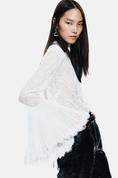 Trumpet-sleeved lace blouse