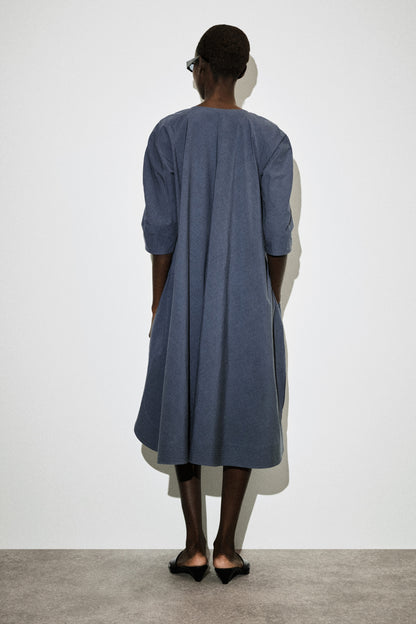 Rounded V-Neck Cotton Midi Dress