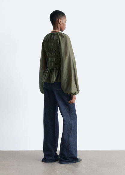 Balloon-sleeve Smocked Blouse