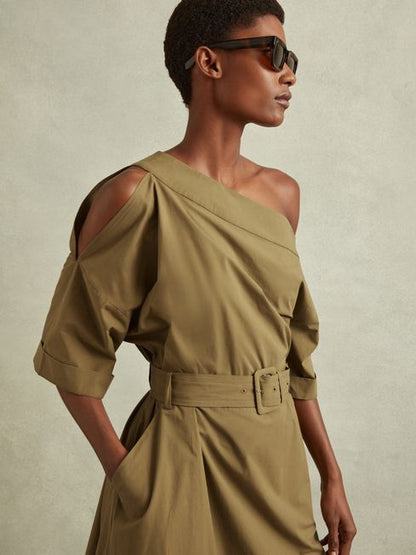 Off-the-shoulder belted midi dress