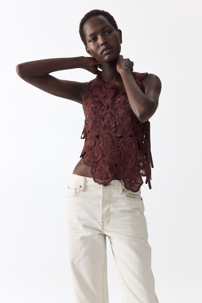 Asymmetric crochet-look top