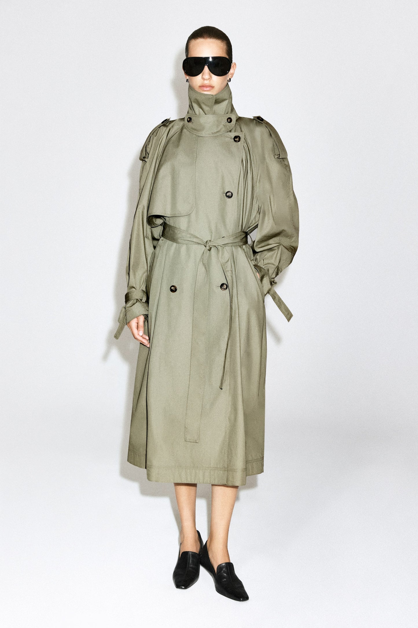 Funnel-Neck Cotton Trench Coat
