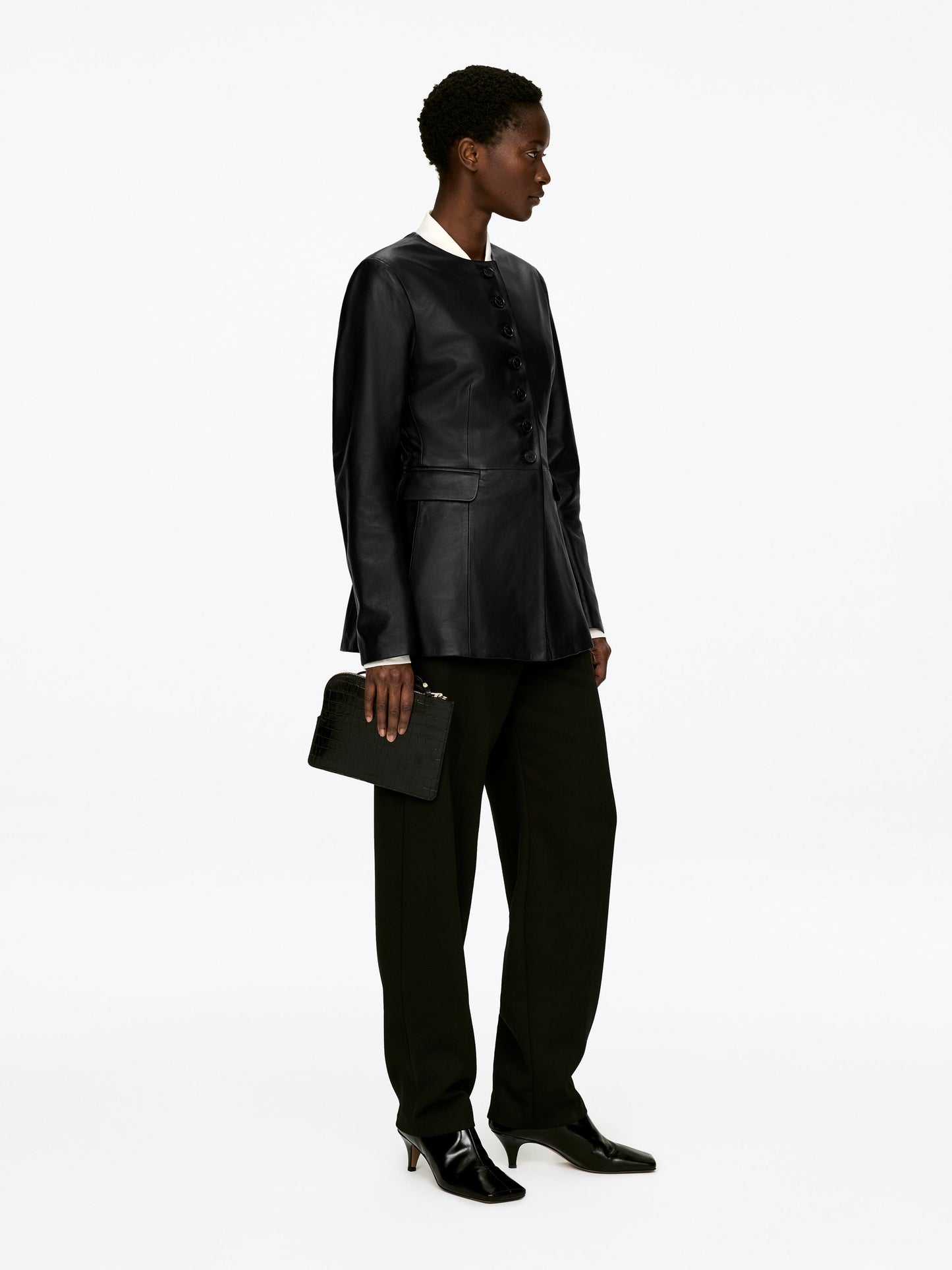 Collarless Leather Blazer