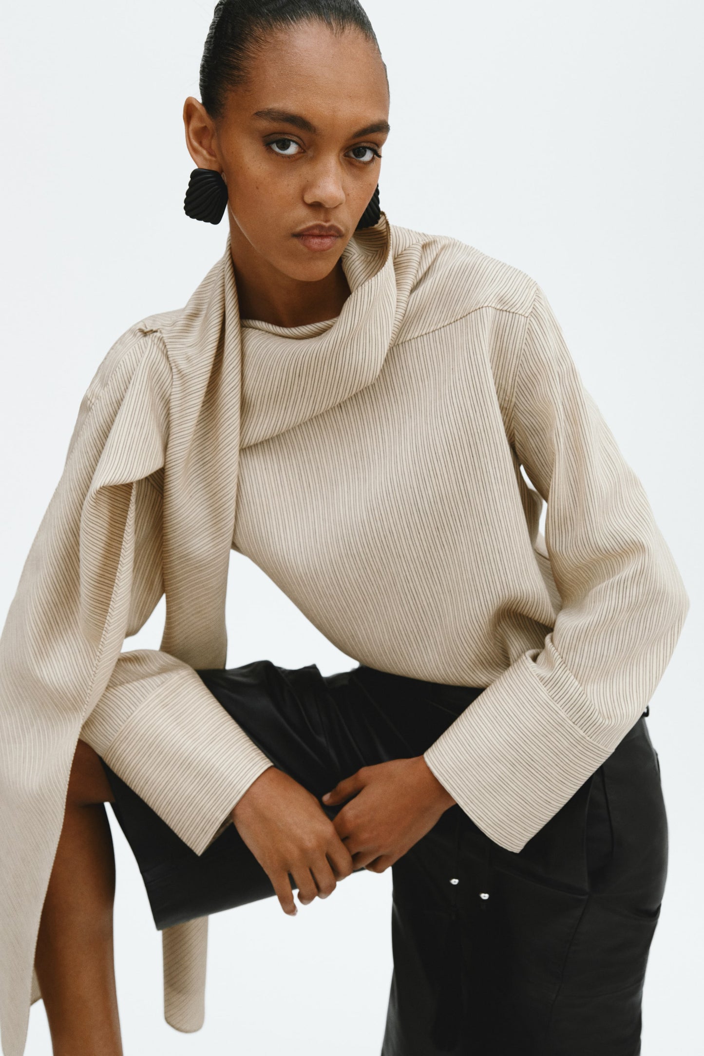 Linen-blend scarf-collar blouse