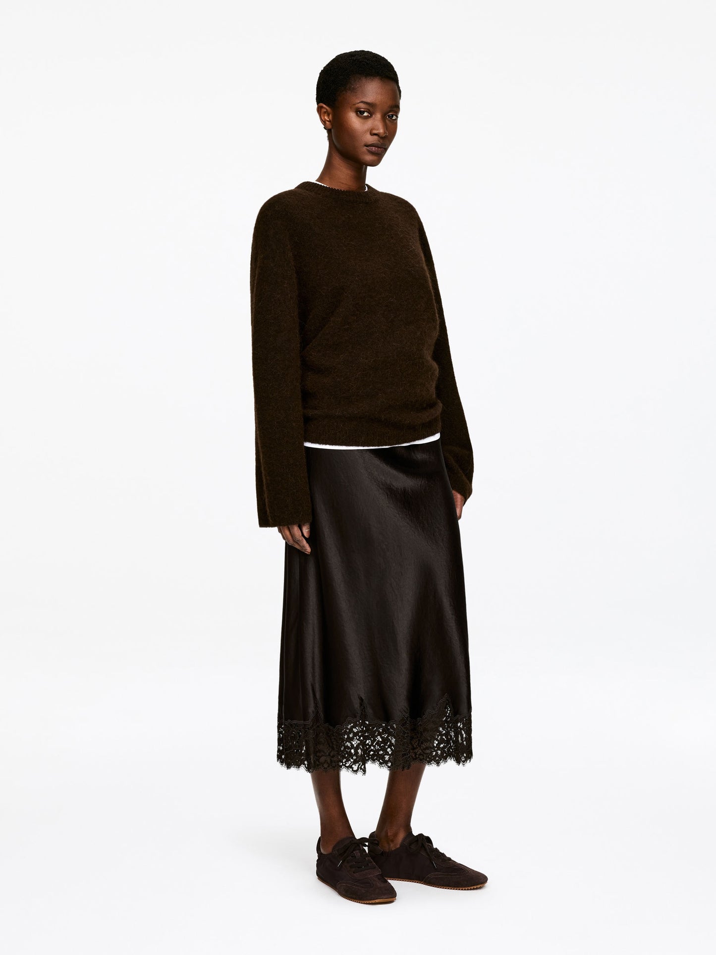 Lace-Detail Satin Skirt