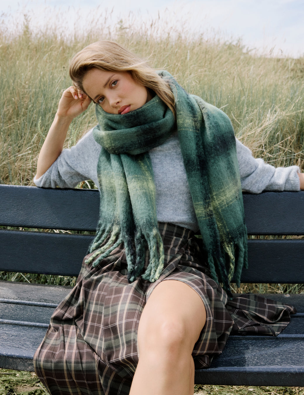 Green Check Tailored Kilt Midi Skirt