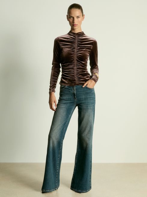 Velvet Ruched Long-Sleeve Top