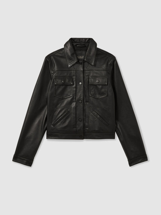 Reiss Leather Trucker Jacket in Black