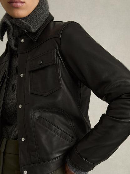 Reiss Leather Trucker Jacket in Black