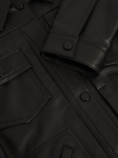 Reiss Leather Trucker Jacket in Black