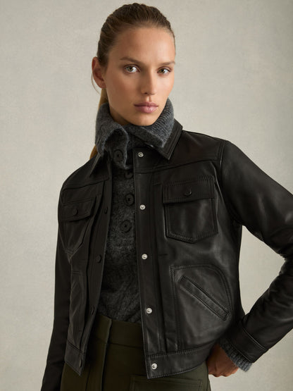 Reiss Leather Trucker Jacket in Black