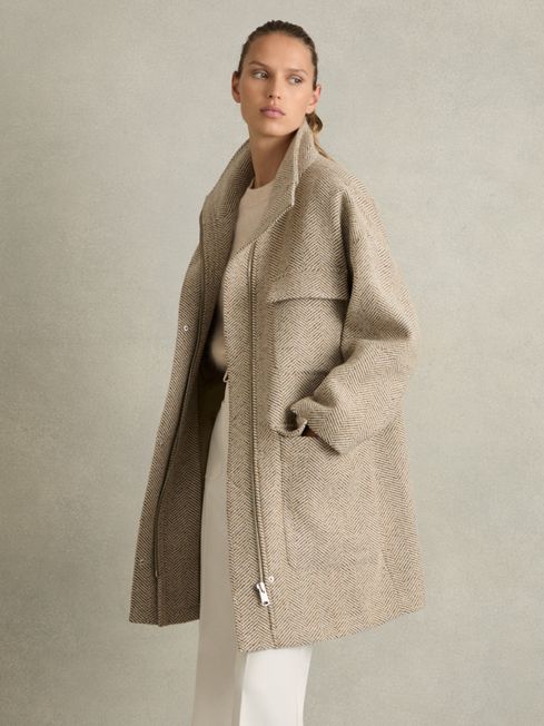 Funnel-Neck Herringbone Coat With Wool