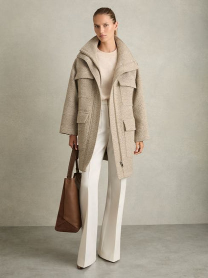 Funnel-Neck Herringbone Coat With Wool