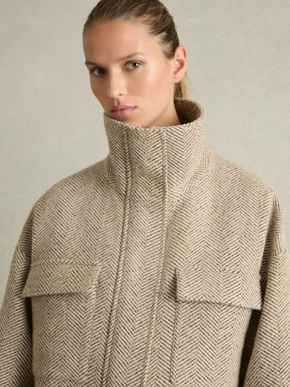 Funnel-Neck Herringbone Coat With Wool