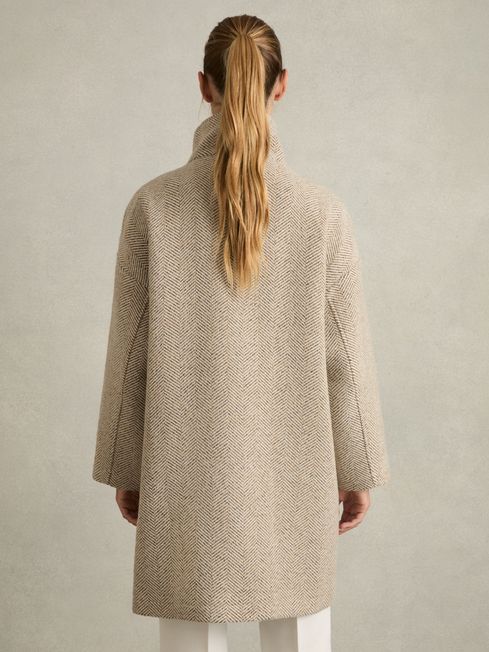 Funnel-Neck Herringbone Coat With Wool