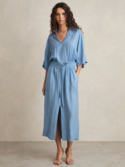 Shirred-Waist Midi Shirt Dress in Blue