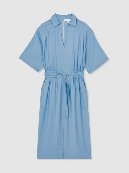 Shirred-Waist Midi Shirt Dress in Blue