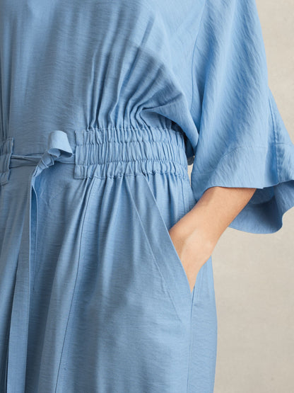 Shirred-Waist Midi Shirt Dress in Blue