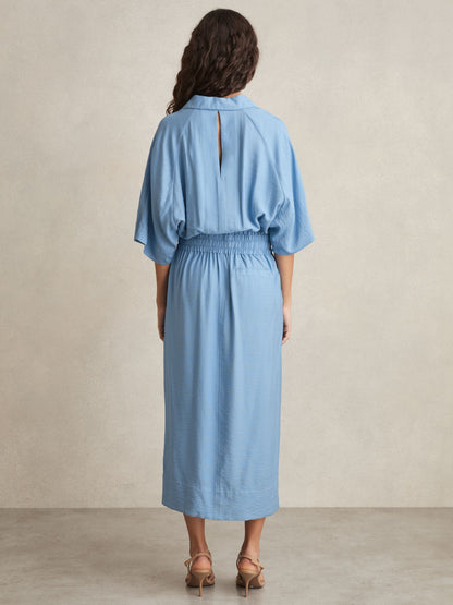 Shirred-Waist Midi Shirt Dress in Blue