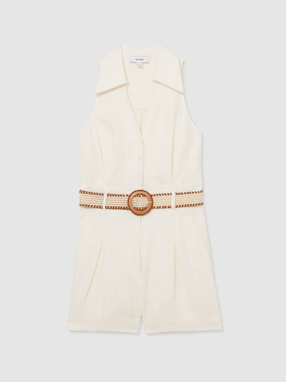 100% Linen Collar Playsuit in Cream