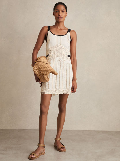 Cotton Crochet-Detail Mini Dress in Cream
