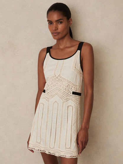 Cotton Crochet-Detail Mini Dress in Cream