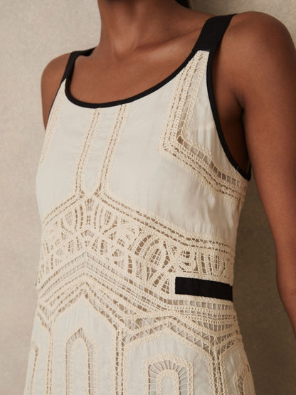 Cotton Crochet-Detail Mini Dress in Cream