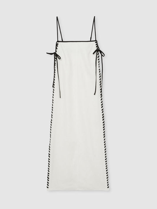 Linen Whipstitch Tie-Strap Midi Dress in Ivory