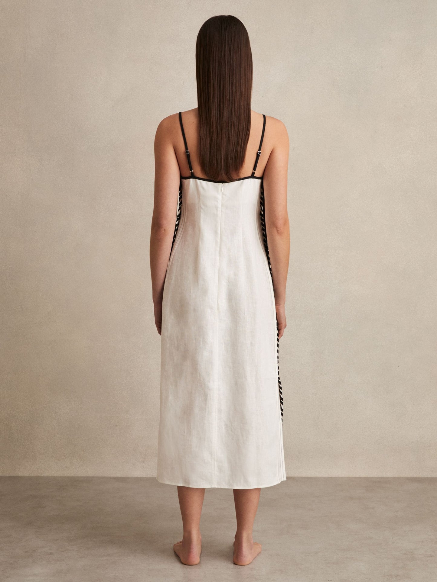 Reiss Linen Whipstitch Tie-Strap Midi Dress in Ivory