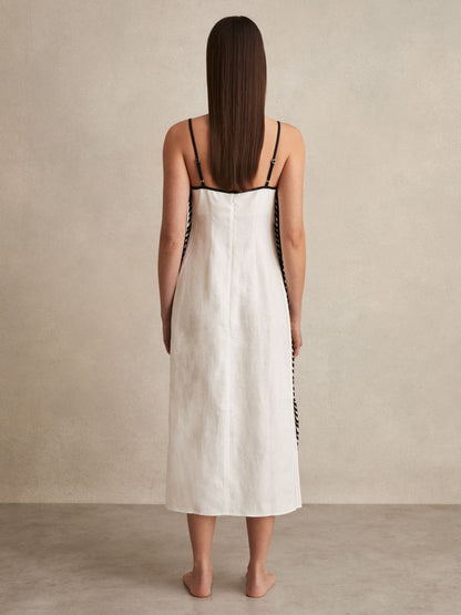 Reiss Linen Whipstitch Tie-Strap Midi Dress in Ivory