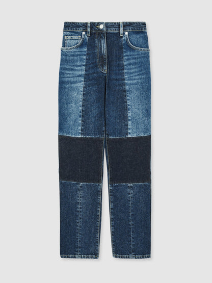 Straight Leg Patchwork Jeans in Mid Blue