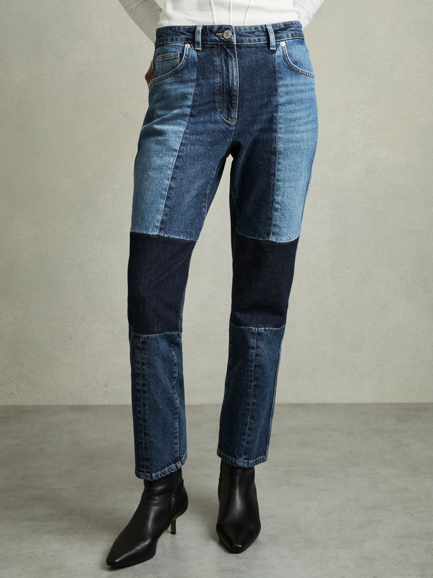 Straight Leg Patchwork Jeans in Mid Blue