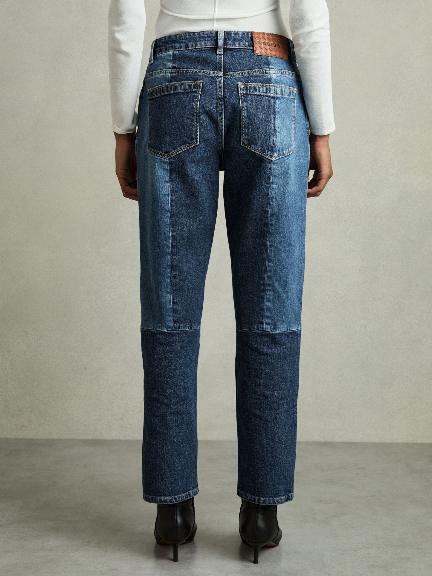 Straight Leg Patchwork Jeans in Mid Blue