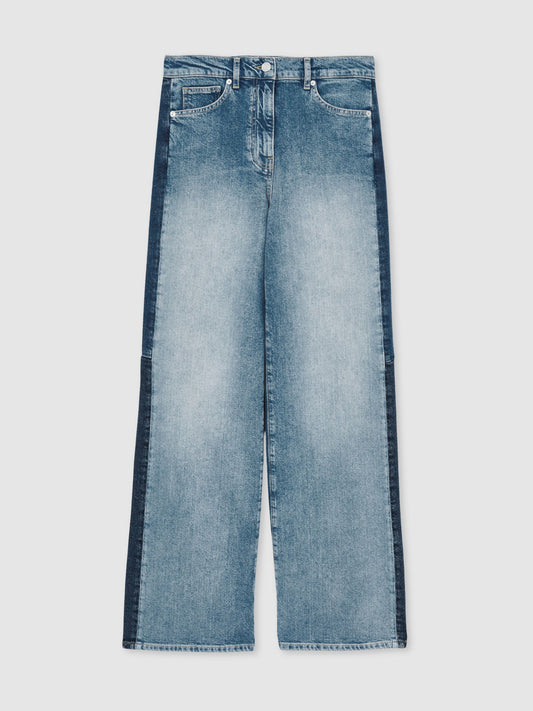 Wide Leg Contrast Panel Jeans in Light Blue